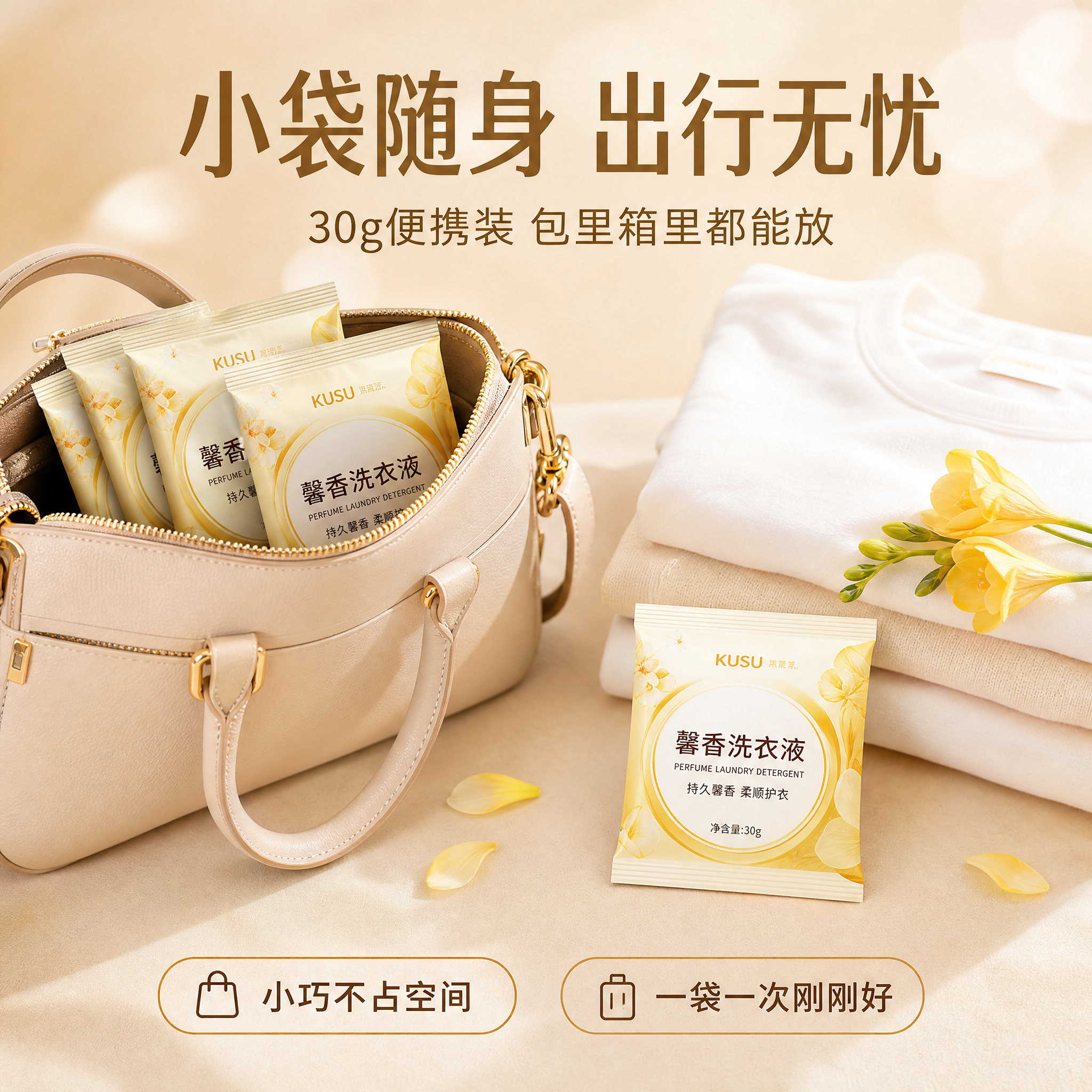 小袋随身出行无忧便携卖点主图，比例1:1，暖米色温馨馨香风。画… - 图片创意预览