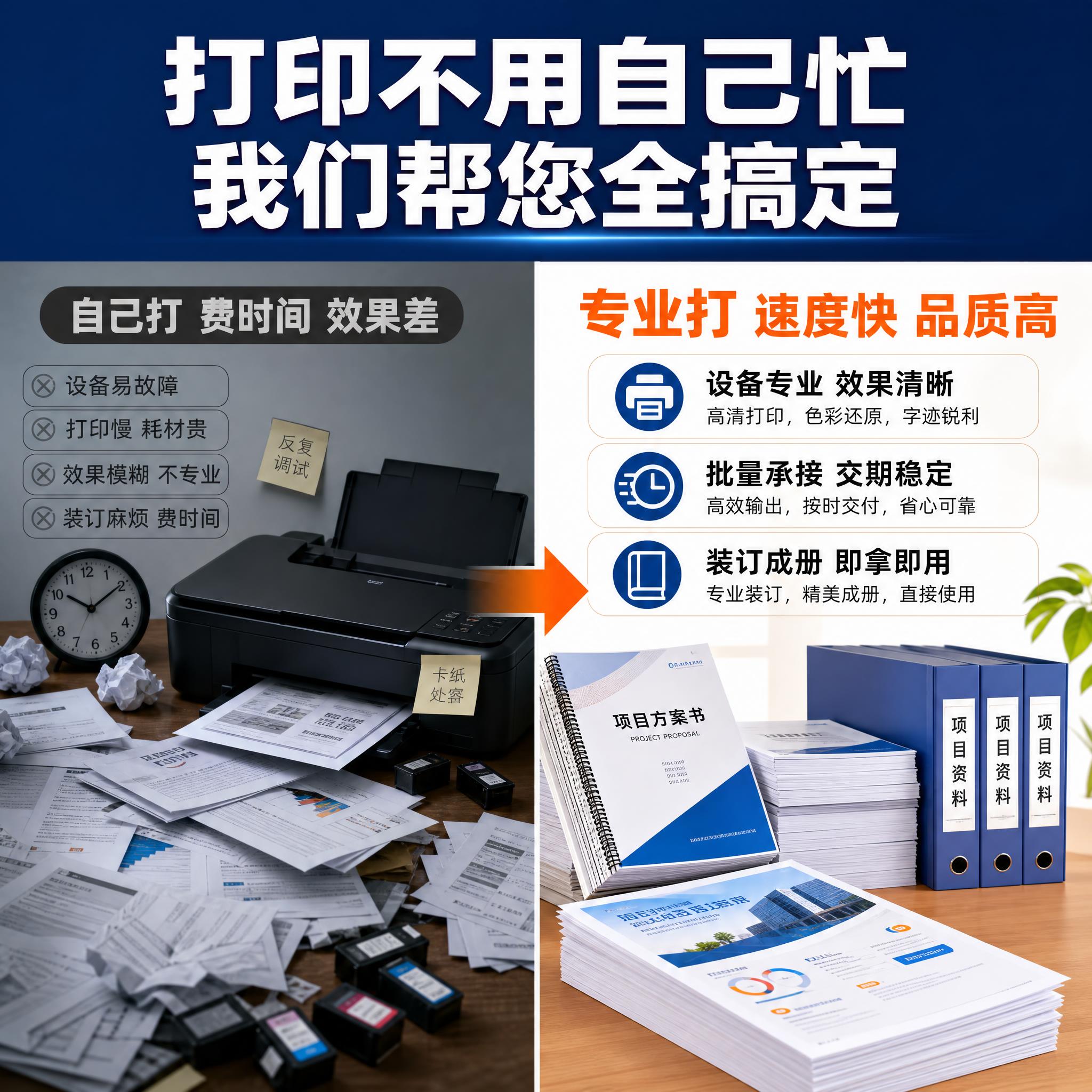 [主图-2] 痛点与目标场景，对比自行打印的麻烦与专业打印服务… - 图片创意预览