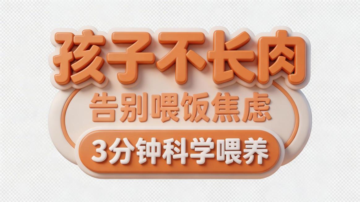 参考当前图片的排版和文字内容：主标题"孩子不长肉"，副标题"告别喂饭焦虑"，底部标签"3分钟科学喂养"，保持平整立体3D效果，调整整体色调，让颜色更清新柔和，提升对比度，让文字更清晰醒目，背景保持透明预览效果