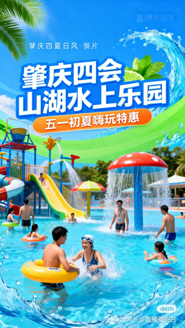 五一黄金周夏日游玩主题，肇庆四会山湖水上乐园直播间贴片首图，整体风格活力清爽夏日风，主视觉展示山湖水上乐园夏日玩水场景，包含醒目标题“肇庆四会山湖水上乐园 五一初夏嗨玩特惠”，突出夏日玩水的清凉快乐氛预览效果