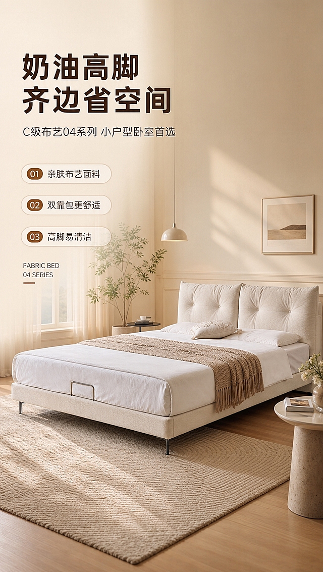 [商品] 使用【图1】C级布艺04系列高脚齐边布艺床，米白色布艺软包床头双靠包设计，高脚金属床脚，齐边床体；保留产品整体结构、颜色、材质、双靠包造型、高脚比例和床体轮廓，不改变版型和结构；商品处理：自然理顺布艺面料褶皱，增强面料纹理质感与缝线细节，提升金属床脚光泽。
[画面] 目标：第1张风格头图，展示奶油风卧室整屋场景与产品全貌，营造温馨高级睡眠氛围。构图：左文右景，左侧约1/3竖列文案区，右侧约2/3为卧室lifestyle大场景；产品位于画面右侧居中，占画面约55%，45°侧视角度，完整展示床头、床身和高脚。前中后景：前景浅米色地毯+圆形边几，中景布艺床+床品四件套+抱枕，后景奶油色墙面+简约吊灯+绿植装饰。暖调午后自然光从左侧窗户洒入，光影柔和。
[视觉] 套系策略：风格=奶油侘寂风高级家居商业摄影；标题字=现代无衬线粗体中文；正文字=简洁无衬线体中文；主色=奶油米杏；背景延展=基于奶油米杏做深浅层级、同色渐变和细腻织物/微水泥质感；强调色=焦糖棕，仅用于小面积图标、引线和标签；标题色=深暖棕；正文色=中暖灰；组件=圆角浅底信息卡、细线引线、序号胶囊框；光影=左前侧暖柔光，柔和漫反射。
[文字] 左侧文案区竖排（文字均横向排版）：主标题「奶油高脚 齐边省空间」（8字），副标题「C级布艺04系列 小户型卧室首选」（14字），下方3条亮点条：「亲肤布艺面料」「双靠包更舒适」「高脚易清洁」，底部系列英文角标「FABRIC BED 04 SERIES」。文字不遮挡床体主体和床头靠包。
[规格] 图片比例9:16竖版，4K分辨率，淘宝/天猫详情页适配，中文文案；避免变形、错字、文字过小、冷蓝/冷灰背景、产品颜色改变、结构失真、极限词。