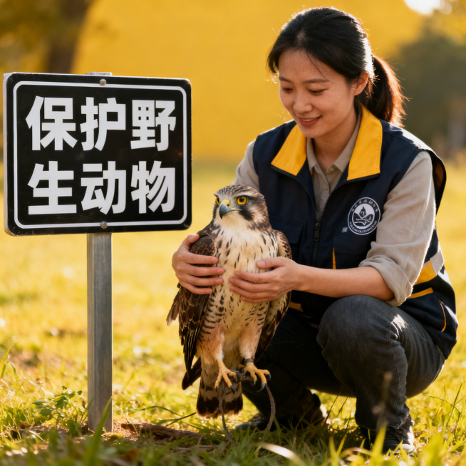 动物保护主题正方形图片，画面展示志愿者救助受伤的野生动物，旁边是动物保护标识，传递护生理念预览效果