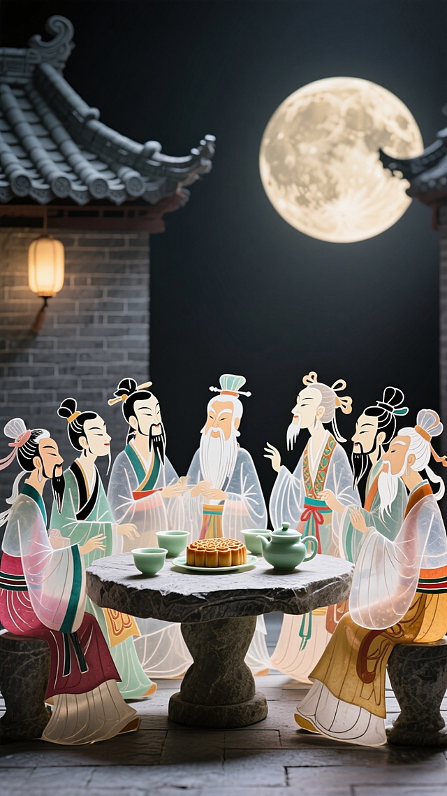 皮影八仙围桌品月，灰瓦檐下中秋超妙🎑
