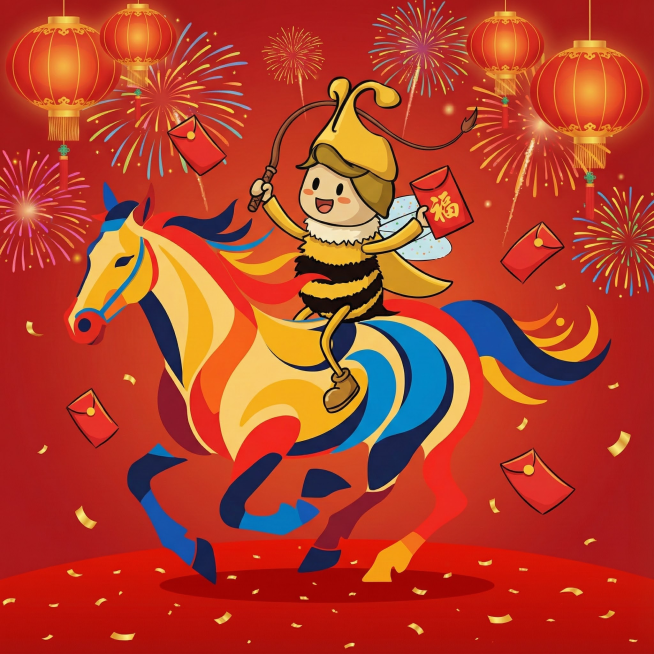 将图一这只卡通蜜蜂骑在一匹马上（参照图二），一只手拿着鞭在鞭策马，一只手拿着红包，空中还飘着几只红包。红色的背景，加些新年的元素。预览效果