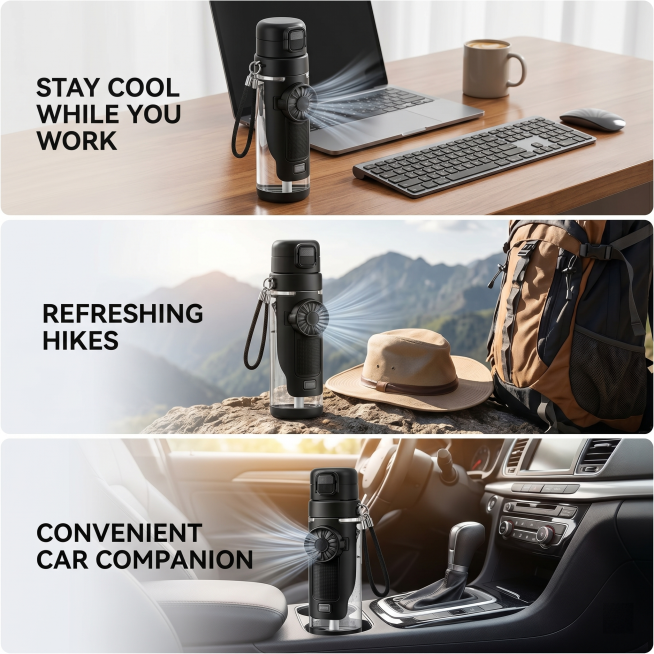 [主图-5] Multi-scenario adaptation display of 2-in-1 Water Bottle with Built-In Foldable Fan. The pict预览效果