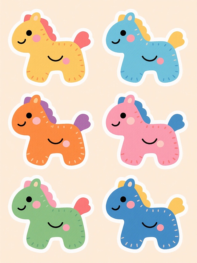 6个不同配色、不同样式的卡通布艺风格小马造型，每个小马都具有圆润的身体轮廓、大大的黑色眼睛、微笑的嘴巴、腮红圆点和明显的缝线细节，浅色背景，上下两行对齐排列，每个小马姿态略有差异，色彩明快鲜艳，整体呈现可爱、童趣的毛绒玩具质感，边缘有轻微的白色高光轮廓，风格统一为扁平化卡通设计，细节丰富，充满温馨欢乐的氛围。