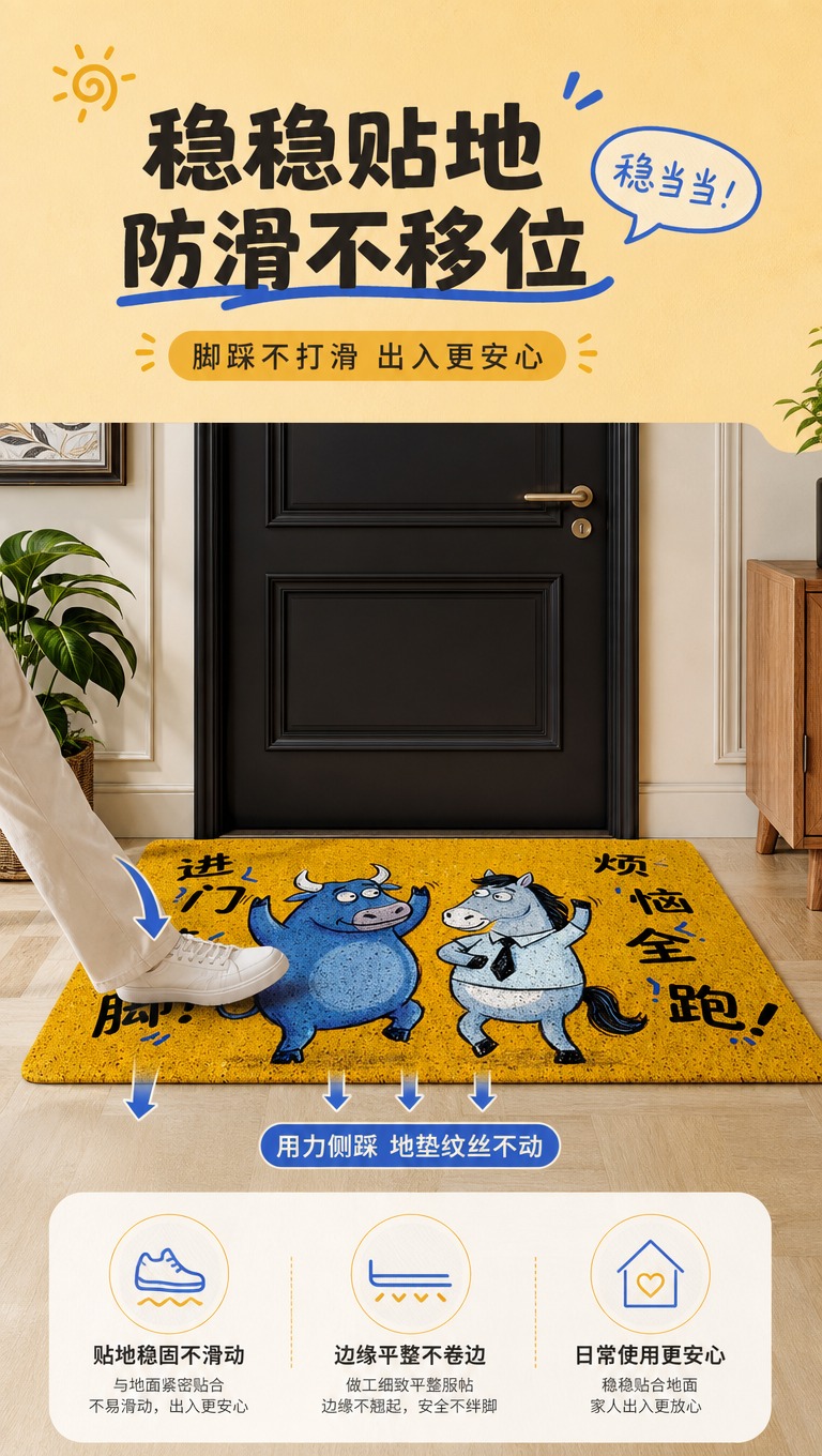 [商品] 使用【图1】黄色丝圈入户门地垫，保留黄色丝圈面、卡通… - 图片创意预览