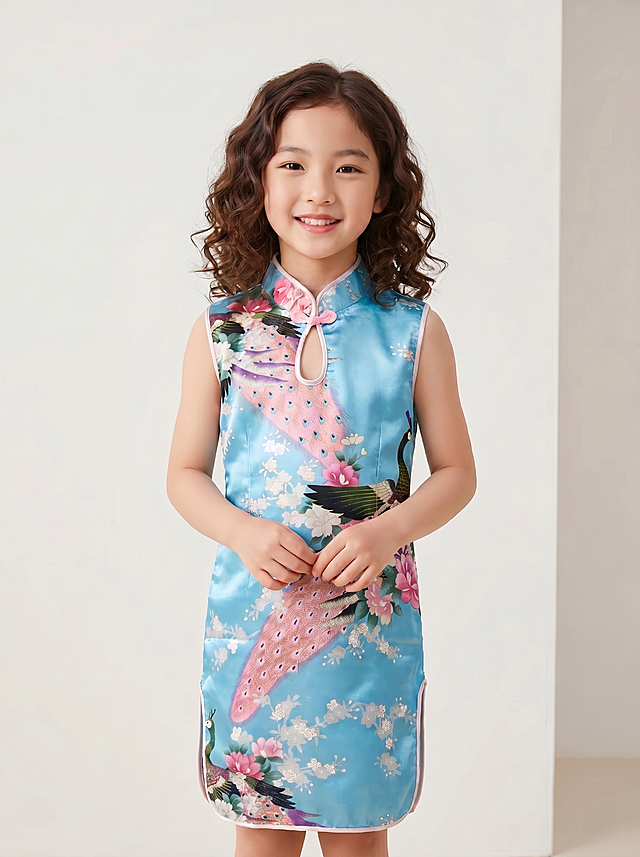 【主体保护指令】请保持参考图 1 中的【服装、穿着形态、构图】一致，包括服装款式/颜色/材质、合身度，不做改动。将模特整体替换为8-9岁儿童特征。
整体为超写实高清儿童旗袍试衣图，保留原姿势（姿态 / 手位 / 脚位 / 头部朝向完全一致），整体替换为新模特，新模特整体与原图背景/光影/构图自然融合，服装合身度保持。
东亚儿童，8-9岁小女孩，骨骼线条更舒展，个子更高挑，体态比例符合大年龄段特征，深棕色齐肩卷发，蓬松自然有光泽，瓜子小脸，下颌线条更清晰，五官立体感更强，自然眉形棕色眉色，鼻梁直挺，嘴唇粉嫩，表情天真快乐，嘴角带甜甜微笑，眼神清澈看向镜头，整体活泼灵动气质。
服装以参考图 1 为准，完整保留款式、颜色、材质、剪裁、图案、版型、粉色盘扣等一切细节。
光影保留原图原样，新模特整体的受光方向、色温、强度与原图身体 / 场景受光完全一致，阴影走向与原图阴影同向。
肤色与光影与原图衔接自然，新模特整体肤色与原图颈部、手部四肢肤色自然过渡，色调连续均匀衔接，整体为一次摄影生成的自然效果，单帧实拍质感，画面浑然一体，肌理与光影同源衔接。
背景保留原图浅纯色摄影棚背景，构图景别完全保持一致。
2K超高清画质，细节层次丰富，发丝肌肤服装印花丝绸纹理细节清晰可见，色彩还原准确，饱和度适中，整体质感通透高级。
整体风格为国风儿童电商摄影，简约高级，自然真实，商业质感。