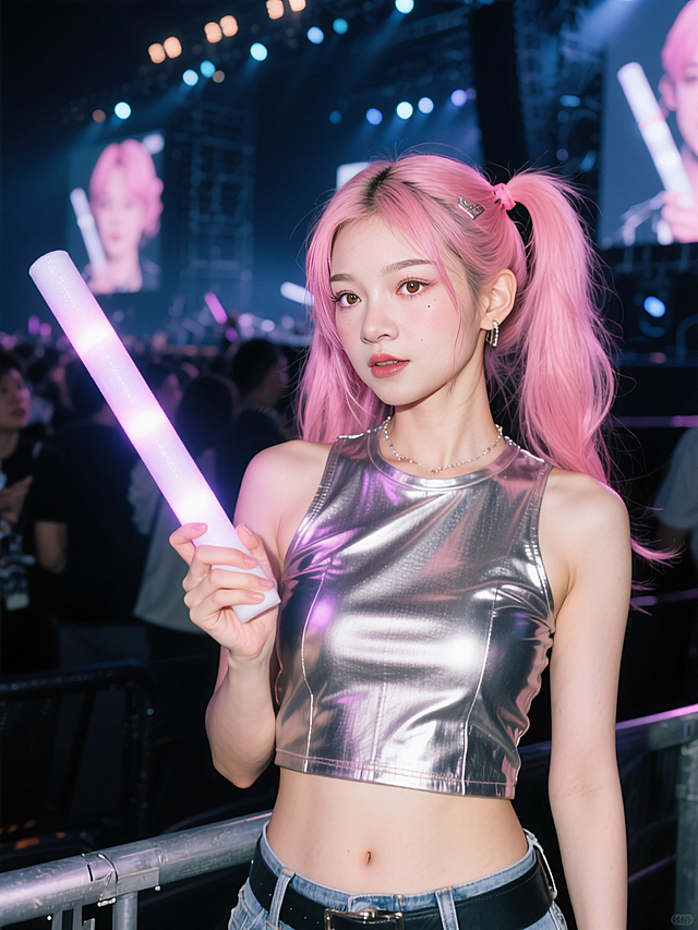 人物穿上金属感上衣，浓妆，粉色双马尾头发，手握发光发光棒，背景演唱会背景，表情灵动，追星少女