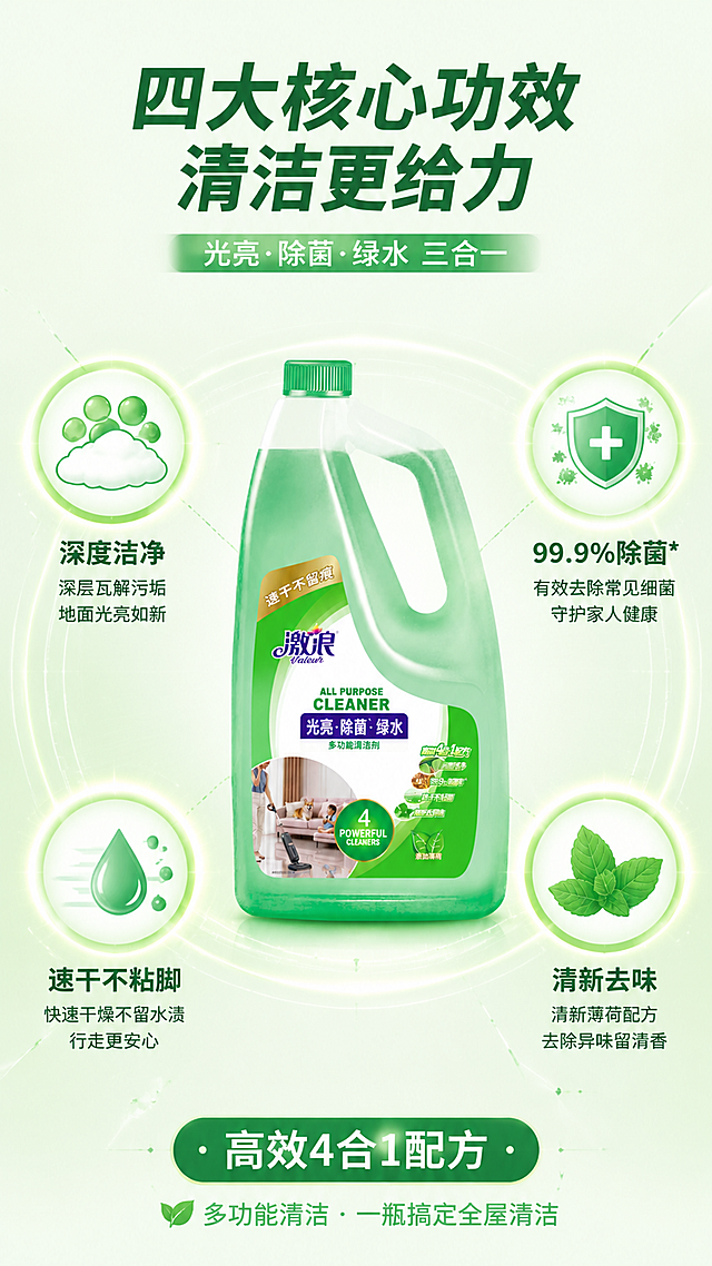 [第3屏] 详情页核心卖点总览-四大功效图标化展示。本屏使用【图1】作为中心产品主体。
[氛围/风格] 清新功能风，四象限图标布局，专业简洁，商业设计质感。
[元素布局] 清洁剂瓶身位于画面正中心，占比约45%，瓶身外观与输入产品图完全一致；瓶身四周分布四个圆形功能图标，呈放射状排列：左上「深度洁净」配清洁泡沫图标，右上「99.9%除菌」配盾牌除菌图标，左下「速干不粘脚」配水滴速干图标，右下「清新去味」配薄荷叶片图标；背景为淡绿色渐变，有细微几何线条装饰。
[光影质感] 中心柔光打亮产品，四周图标有轻微发光效果，整体均匀明亮。
[配色色系] 全局底色 #F1F8E9 浅绿渐变；主色翠绿 #4CAF50；辅助色白色、浅薄荷绿、深绿文字。
[视角构图] 中心对称构图，产品居中，四图标环绕，阅读动线从中心向四周扩散。
[文字版式] 顶部主标题「四大核心功效 清洁更给力」，副标题「光亮·除菌·绿水 三合一」；每个图标下方对应功能名称，8-10字短说明；底部绿色胶囊条标注「高效4合1配方」。
[比例分辨率] 9:16 竖版比例，4K 分辨率，文字清晰可辨，高清画质。
[负向提示词] 瓶身变形，文字错乱，图标模糊，颜色偏差，水印，产品包装文字错误。