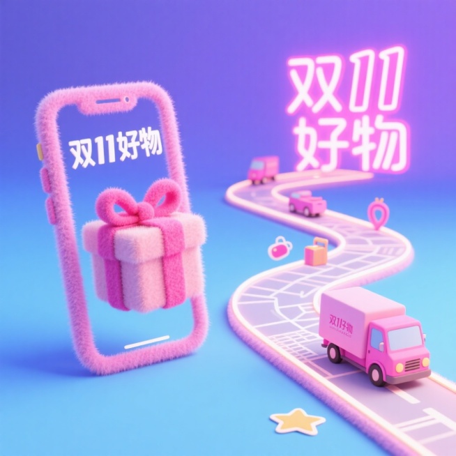 软蓝色和紫色渐变背景，左边是一部逼真的智能手机，屏幕上显示一个打开粉红色的礼盒，上面装饰着一条光滑的浅蓝色大丝带和蝴蝶结，还有中文文字“双11好物”用白色，俏皮的字体。在右边，描绘了一条发光的粉红色霓预览效果