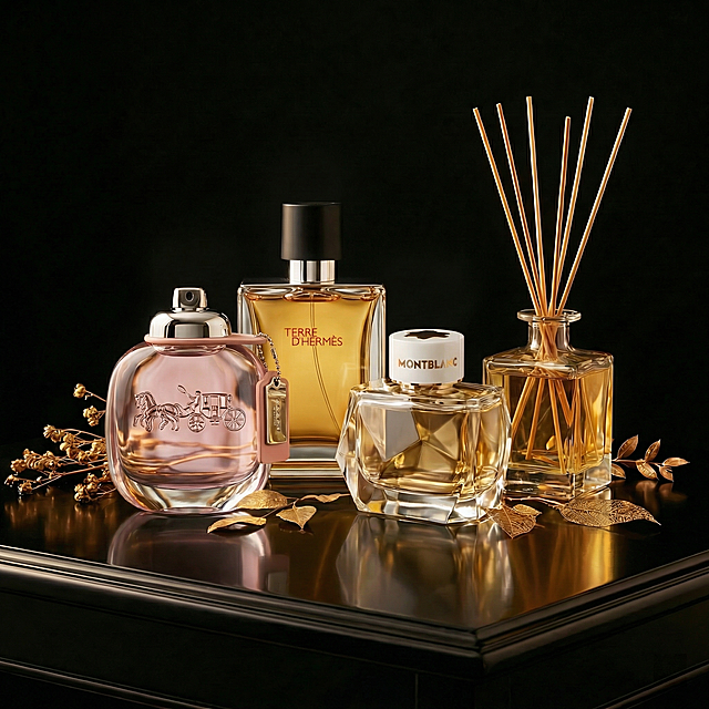 在保持原有构图不变的基础上，增强所有玻璃香水瓶和香薰瓶的瓶体通透感，优化材质质感，添加柔和的环境光影效果，保留黑色烤漆木桌、金色干花装饰、整体奢华黑金东方调风格不变