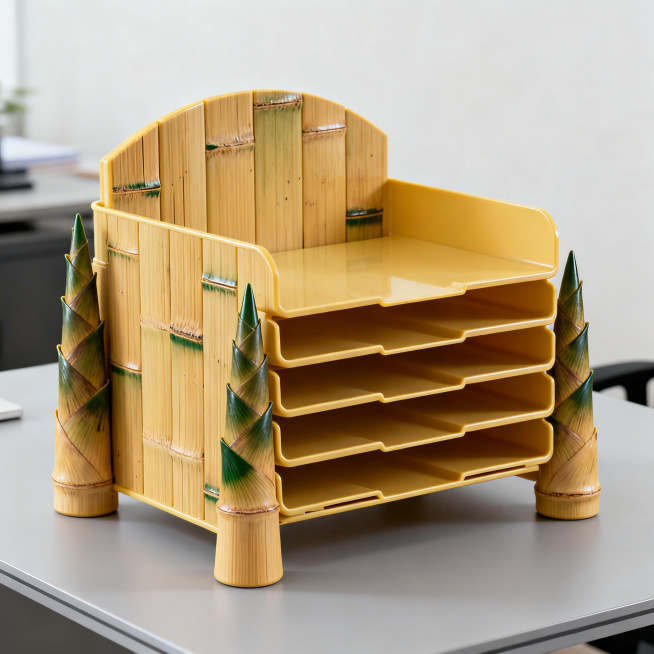 设计竹笋元素文房四宝主题文件架：背板设计成竹笋剥开后的层叠形态，多层挡板层层递进，两侧支撑柱为竹笋尖锥造型，底部粗顶部细，材质为竹黄色浅棕色塑料，表面带细微笋壳纹理，搭配墨绿点缀，契合层叠设计语言，适预览效果