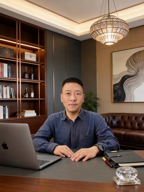 基于参考图人物特征，生成一张轻奢私人书房场景写真，中年成功男士，儒雅沉稳，展现高级质感，适合社交平台发布预览效果