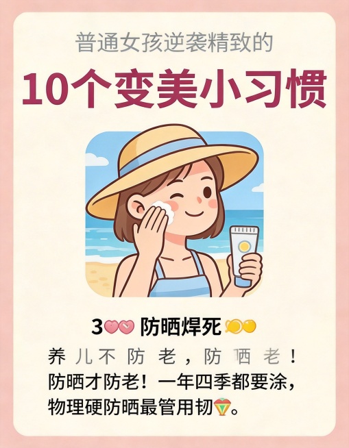 保留原副标题“普通女孩逆袭精致的”和主标题“10个变美小习惯”，将下方内容替换为：中间画卡通风格的女孩涂防晒霜、戴遮阳帽的防晒场景图，下方文字“3️⃣ 防晒焊死☀️ 养儿不防老，防晒才防老！一年四季都预览效果