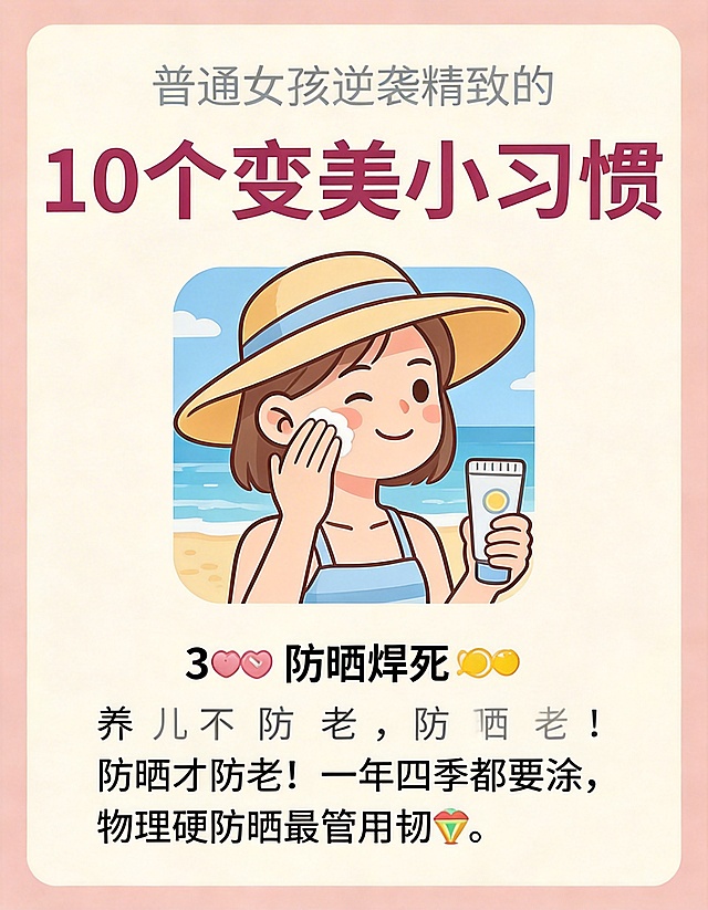 保留原副标题“普通女孩逆袭精致的”和主标题“10个变美小习惯”，将下方内容替换为：中间画卡通风格的女孩涂防晒霜、戴遮阳帽的防晒场景图，下方文字“3️⃣ 防晒焊死☀️ 养儿不防老，防晒才防老！一年四季都要涂，物理硬防晒最管用🧢。”，保持原卡通温馨矢量插画风格