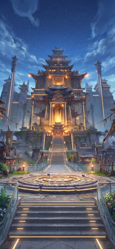 将风格修改为清新武侠风，整体色调更明亮清新，融入少量现代元素，去掉厚重古朴的暗沉质感，保留现有建筑结构和夜景布局预览效果