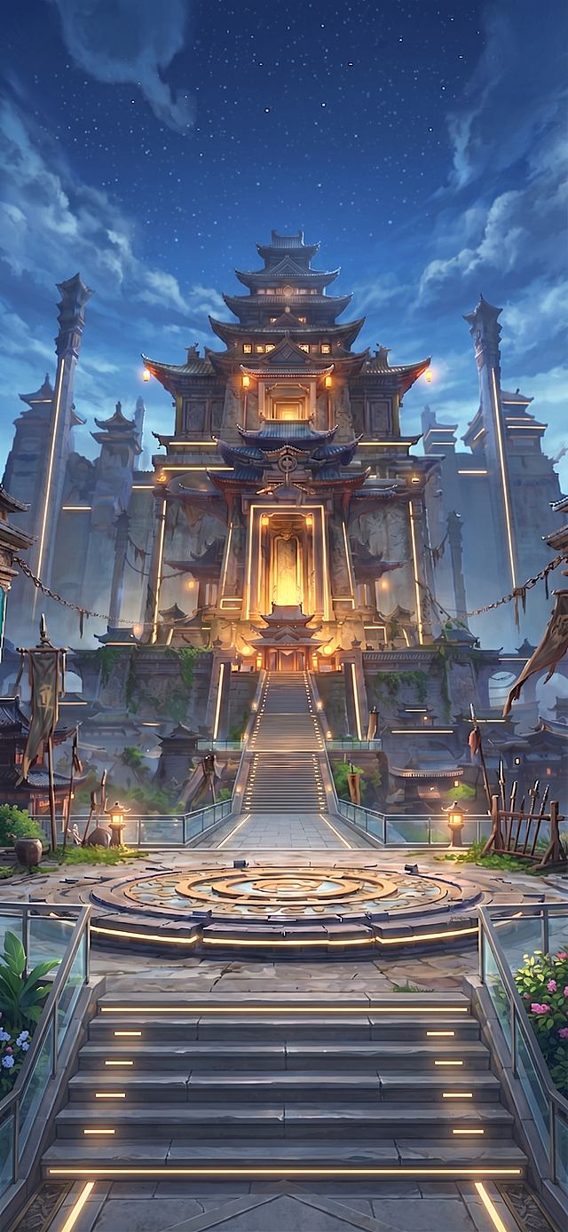 将风格修改为清新武侠风，整体色调更明亮清新，融入少量现代元素，去掉厚重古朴的暗沉质感，保留现有建筑结构和夜景布局