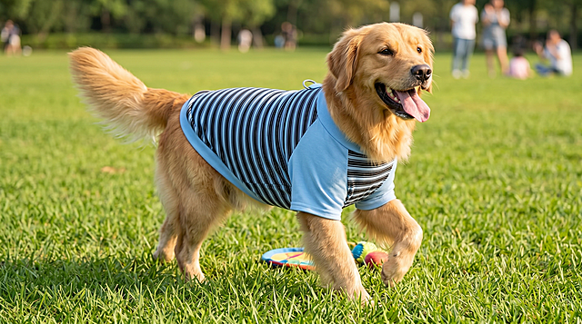 金毛狗狗穿着图中的蓝黑条纹狗狗衣服在草地上开心玩耍，保留衣服主体特征不变，超清，细节丰富，真实自然