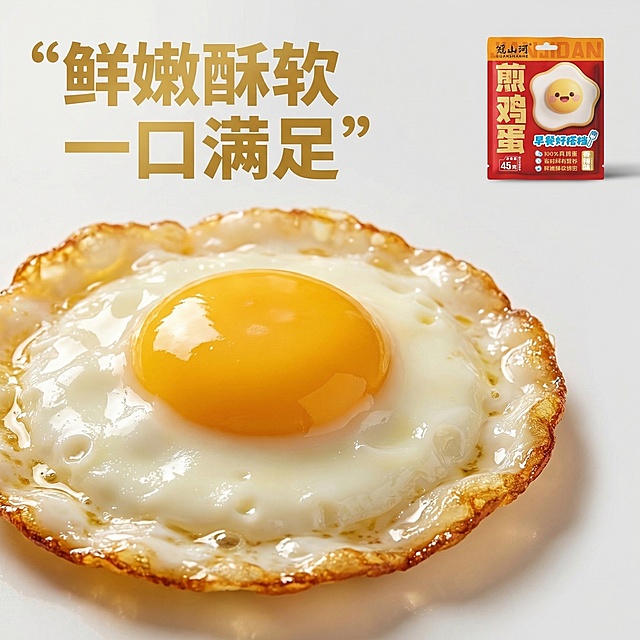 [垫图] https://gdesign-dam-hz.dancf.com/35942307495007390/38e515bcc2cf428c99fc3d1b2e866a75.jpg 即食煎鸡蛋细节特写主图，高级食欲风，微距特写，自然逆光暖光，放大展示煎鸡蛋的质感，展示蛋黄绵密细腻的状态，蛋白边缘微微酥脆油亮，产品包装放置在画面右上角作为点缀，背景用干净浅灰色衬底，主色调暖黄色，俯视微距构图，主标题“鲜嫩酥软 一口满足”，金色粗体悬浮画面左上角，文字不遮挡主体细节，2k分辨率