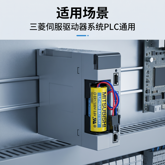 [主图-4]三菱ER17330V锂电池适用场景展示。[氛围风格]3C工业科技风，应用场景展示。[画质]商业摄影质感，清晰真实。[元素]产品放置在工控PLC驱动器旁边，展示实际使用安装场景，锂电池放置在预览效果
