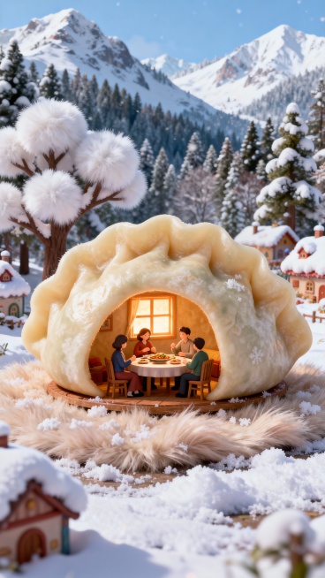 超现实冬日雪景：巨型饺子造型的暖屋（外皮纹理逼真），屋内一家四口围坐圆桌聚餐，窗外是覆雪山林与村落，暖光从窗透出，饺子屋旁落雪，融合温馨烟火气与奇幻创意，色彩温暖柔和，高清写实+童话质感预览效果