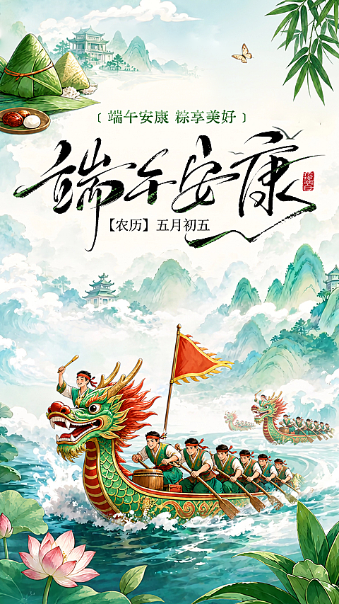 端午节节日祝福通用中式感划龙舟全屏竖版海报