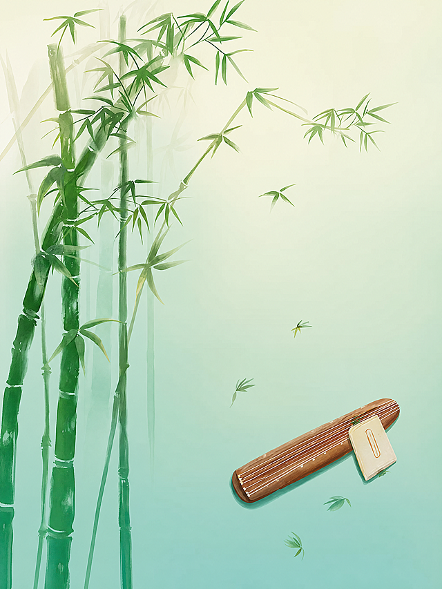 提取参考图中的门帘图案，完整还原竹林古琴门帘设计：淡青绿色渐变背景，左侧有几竿翠绿的竹子，竹叶飘逸，右下角斜放着一把棕色古琴和琴拨，空中飘着几片竹叶，整体为清新雅致的国风水彩风格。要求：1. 高清印刷级画质，细节清晰锐利；2. 去除中间的竖缝/竖痕，图案完整连续无拼接痕迹；3. 背景底色均匀平整，去除所有波浪纹理、凹凸纹理和布纹，青绿色渐变过渡自然均匀；4. 边缘整齐平整，没有褶皱和透视变形；5. 填充完整底色，图案四周底色均匀饱满；6. 正视图，平面化，无透视，无光影，适合印刷使用