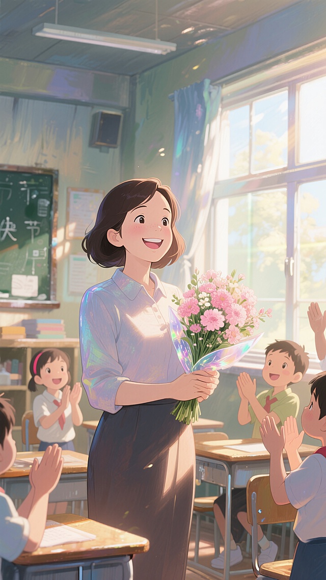 Happy Teachers' Day, a kind female teacher with a bright smile, holding a pastel pink flower bouquet, in a sunny classroom, children clapping, Studio Ghibli style, anime, detailed background, warm sun