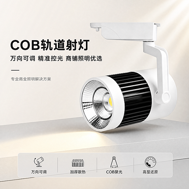 [第1屏] 详情页头图-COB轨道射灯主视觉海报。本屏使用【图1】作为商品主体。
[氛围/风格] 浅色简约工业风，专业商业照明质感，干净明亮，1688平台B端采购风格，商业摄影质感。
[元素布局] COB轨道射灯白色款置于画面右侧偏中，占比约55%-60%，灯头朝向左下方45°照射；左侧留标题区，底部为浅灰色几何台面；背景为浅米白色渐变，右上角有柔和光束效果点缀；产品物理结构、比例轮廓、白色灯体+黑色散热鳍片+银色反光杯等关键部件与输入图一致。
[光影质感] 左上方主柔光照明，右侧辅助光勾勒灯体轮廓，灯头下方有自然柔和的锥形光束投影，整体明亮通透，金属反光杯有清晰高光。
[配色色系] 全局底色 #F5F5F0 浅米白；主色白色灯体+黑色散热片；辅助色深灰文字+浅灰台面；点缀色暖黄光光束。
[视角构图] 正面微侧45°视角，产品为视觉中心，阅读动线左上标题→右侧产品→底部信息条。
[文字版式] 版式为左上标题区+右侧产品+底部信息条。主标题「COB轨道射灯」，副标题「万向可调 精准控光 商铺照明优选」，两行黑体左对齐；标题下方小字「专业商业照明解决方案」；底部横向排列4个卖点标签：「万向可调」「加厚散热」「COB聚光」「高显还原」，每个标签配简约线性图标；文字不遮挡灯体主体。
[比例分辨率] 1:1 方图比例，宽度1024，高度1024，4K分辨率，文字清晰可辨，高清画质。
[负向提示词] 灯体变形，缺件错件，颜色偏差，水印，文字错乱，产品图模糊，背景杂乱，文字过小。