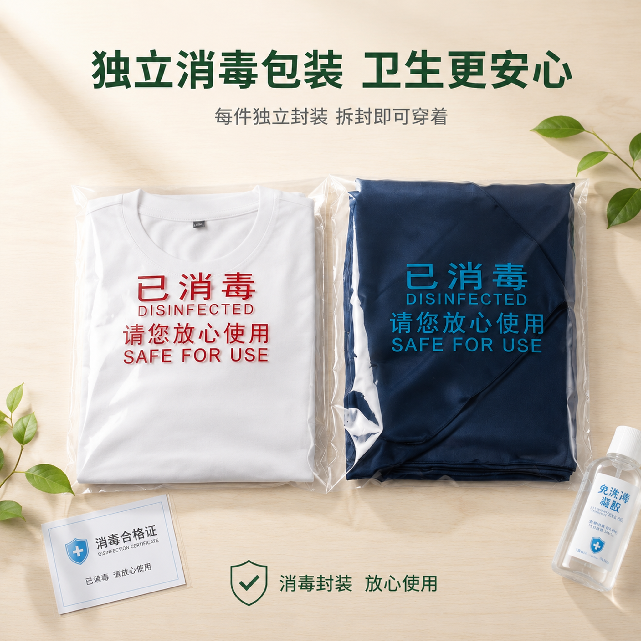[主图-5] 已消毒T恤独立包装交付展示图。 [氛围风格] 干… - 图片创意预览
