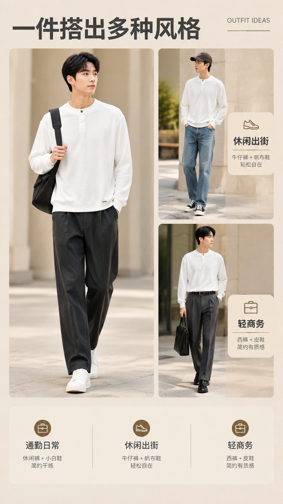 [商品] 使用【图1】白色亨利领长袖T恤；商品处理：保留亨利领… - 图片创意预览