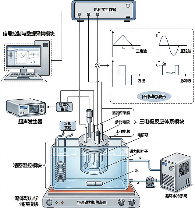 科研论文用的超声动态波形合成系统示意图，energy storage-Render风格，参照原图结构绘制，系统包含四大核心模块：信号控制与数据采集模块（集成电化学工作站与上位计算机）、三电极反应体系模块（含工作电极、对电极、参比电极）、精密温控模块（耦合循环水冷系统与恒温磁力加热装置）、流体动力学调控模块（含超声发生器与磁力搅拌器），右上角展示三角波、正弦波、方波、脉冲波四种动态波形示意图，整体线条清晰，标注准确，适合学术论文使用