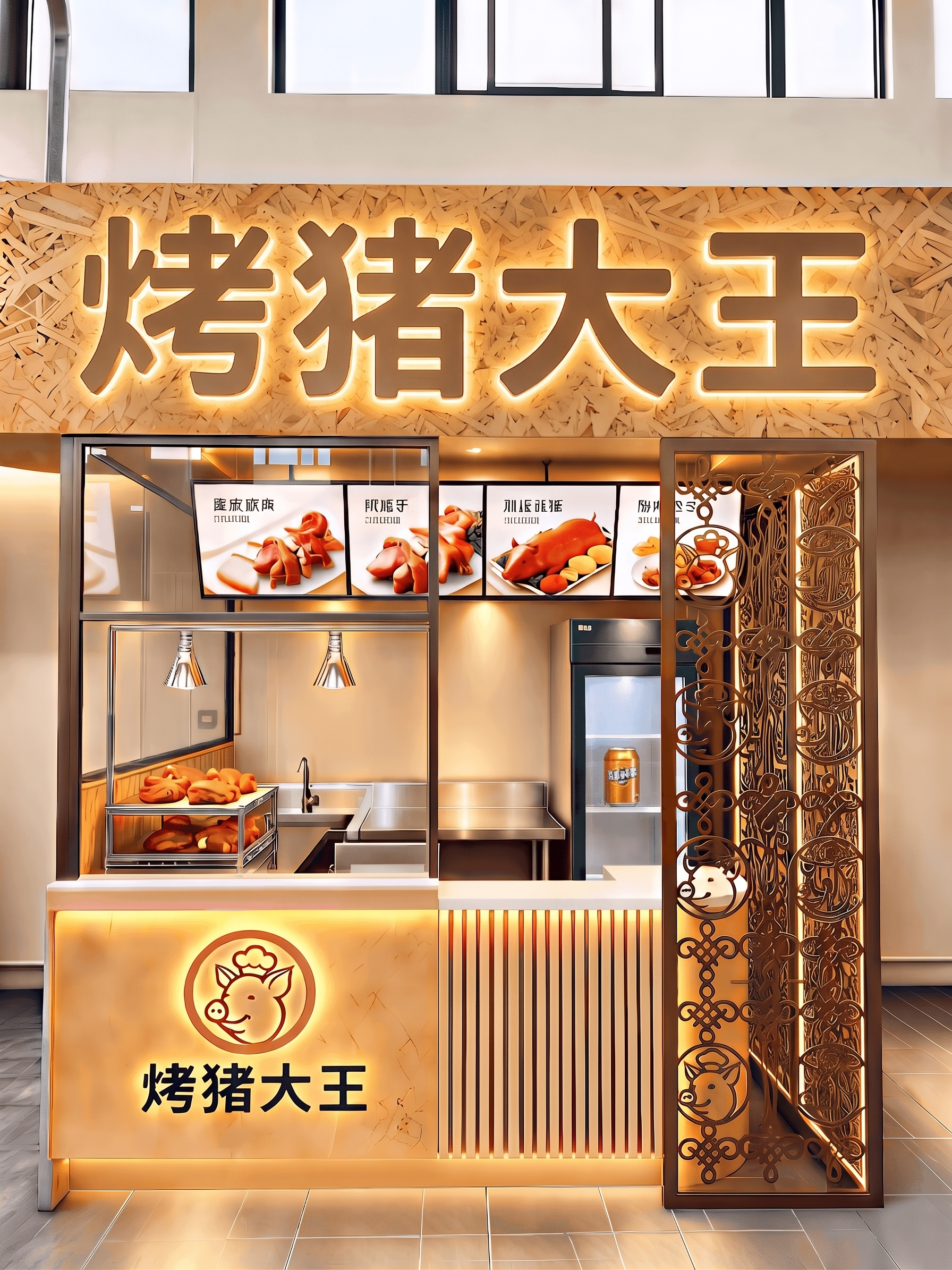 把门头的猪蹄图案去掉，把烤猪大王四个字覆盖整个欧松木门头，做成… - 图片创意预览