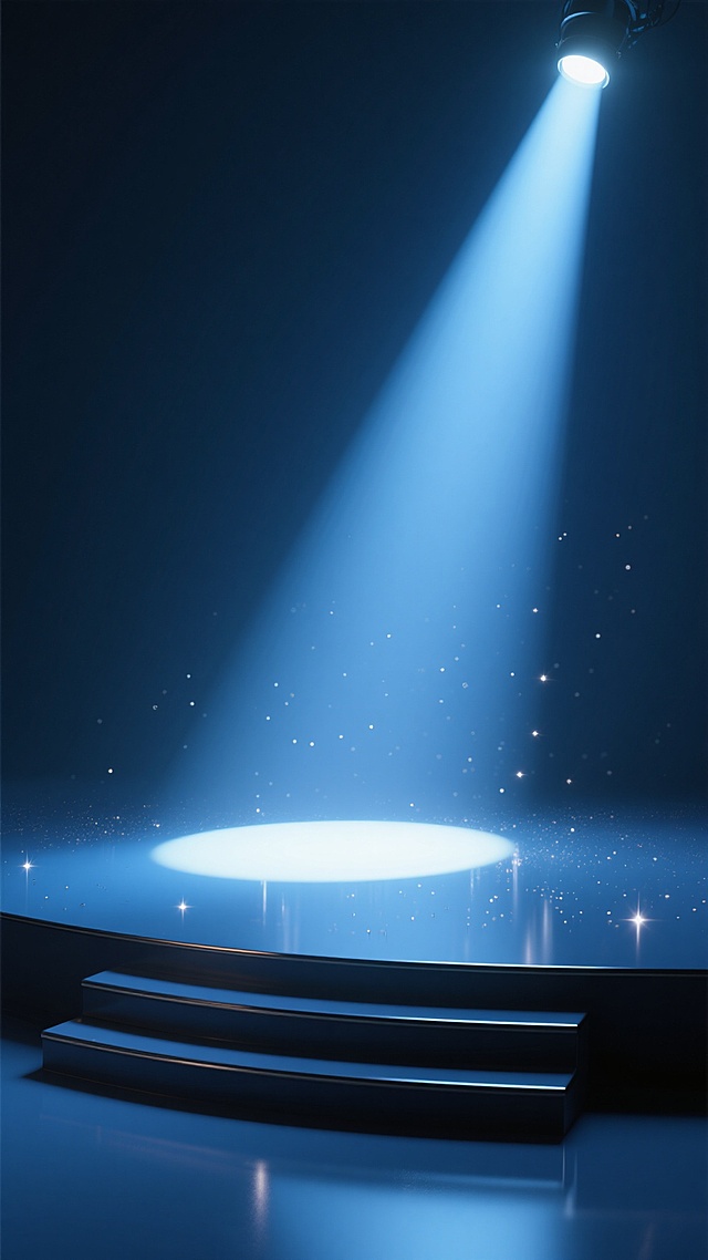 深蓝色调的舞台场景，聚光灯从顶部倾斜照射，光束范围较窄且集中在舞台中央区域，形成明亮的圆形光斑，周围散落着细小的星光颗粒，舞台底部有三级台阶，整体营造出神秘而聚焦的氛围，3D渲染风格，光影对比强烈，背景为深邃的暗蓝色，光线具有清晰的方向性和锐利的边缘，舞台地面呈现光滑的反光质感。