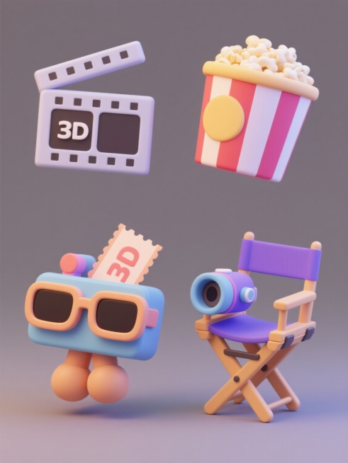 4个不同电影元素的3D卡通风格图标集合，包含电影胶片、爆米花桶、电影票、3D眼镜、导演椅、电影摄像机，每个图标均采用圆润边角设计，拥有明亮饱和的色彩和简洁的几何造型，元素独立悬浮于纯色背景，呈规整网格排布，每个图标细节丰富且风格统一，适合系列素材使用，整体呈现出可爱、生动的视觉效果，具有强烈的现代感和设计感。预览效果
