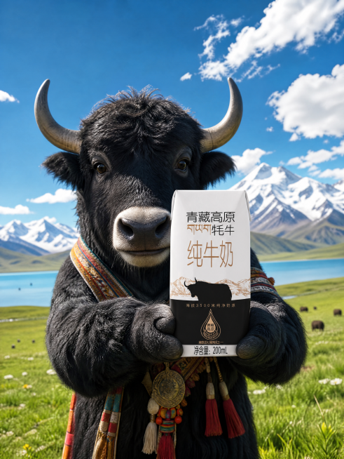竖版牧场场景宣传图，整体以蓝天白云、雪山湖泊、草原为背景；一只拟人化的牦牛两只手正捧着一盒青藏高原牦牛纯牛奶，牛奶包装盒如图所示，伸向镜头，材质呈现牦牛的真实毛发肌理、草原的鲜活光泽、雪山的冷冽质感，预览效果