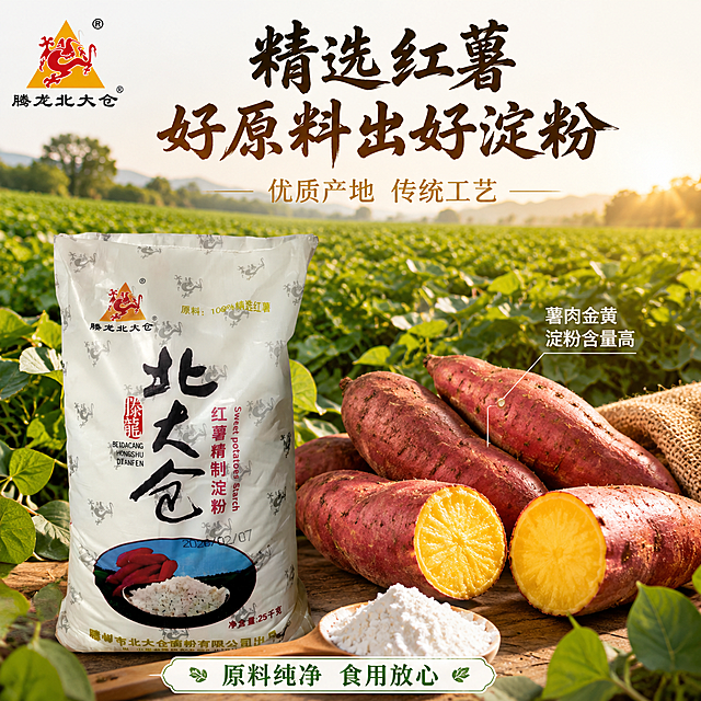 [主图-2] 产地溯源与原料-红薯淀粉产地原料展示。本张使用【图1】作为产品包装辅助展示，主体为产地场景和红薯原料。
[氛围风格] 产地新鲜感+自然田园风，商业摄影质感，绿色自然+暖金配色，粮油米面可信感。
[画质] 商业摄影质感，自然日光通透，原料真实新鲜，画面干净有层次。
[元素] 上半部分为大片红薯农田实景，阳光下红薯地绿叶茂盛，占画面约40%；下半部分中央偏左为产品包装袋（来自图1，北大仓三字为黑色），占比约30%；右侧为新鲜红薯堆放大特写+红薯切开截面，薯肉金黄诱人；底部有木勺盛着白色淀粉；左上角腾龙Logo；产品包装结构、比例、材质与输入图一致。
[光影] 自然暖阳逆光从右上方照射，红薯表面有自然光泽，截面通透有食欲感，农田有光晕效果。
[配色] 主色大地绿 #228B22 + 红薯红 #CD5C5C；辅色金黄薯肉、米白淀粉、暖黄阳光。
[视角构图] 上下分栏构图，上半产地场景下半产品+原料，阅读动线自上而下。
[文字版式] 顶部大标题「精选红薯 好原料出好淀粉」，粗笔刷书法字深棕色；副标题「优质产地 传统工艺」，细宋体金色；中部右侧红薯旁引线标注「薯肉金黄 淀粉含量高」；底部信息条「原料纯净 食用放心」，白底绿字；左上角腾龙Logo。
[输出要求] 1:1比例，2048px*2048px，文字清晰锐利，超高清商业摄影质感。
[负向提示词] 包装变形，文字错乱，原料不真实，场景虚假，水印，电商平台Logo，颜色偏差。