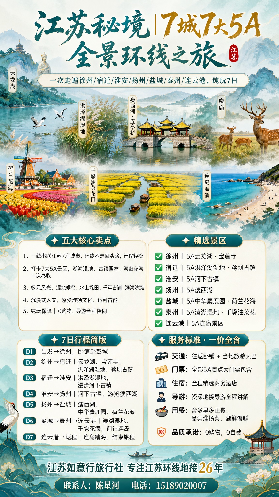 一张竖版江苏7城5A全景环线旅游宣传海报，2K分辨率，清新国风… - 图片创意预览
