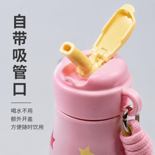 [主图-4] 吸管口细节特写，展示使用便利性
[氛围风格] 清晰实用细节展示，干净通透
[画质] 商业微距摄影质感，细节清晰真实
[元素] 放大展示粉色保温杯打开后的吸管口结构，保持吸管和杯盖外观、材预览效果