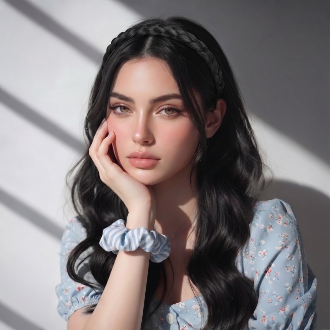 保留原图人物、脸部、服装、姿势、光影和背景，将原本深棕色发带替换为图片里1.5厘米宽的纯黑色编织辫子发带，佩戴在模特头上合适位置，自然贴合头发，真实自然，和原图风格统一预览效果