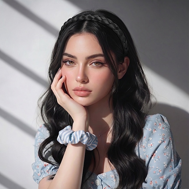 保留原图人物、脸部、服装、姿势、光影和背景，将原本深棕色发带替换为图片里1.5厘米宽的纯黑色编织辫子发带，佩戴在模特头上合适位置，自然贴合头发，真实自然，和原图风格统一