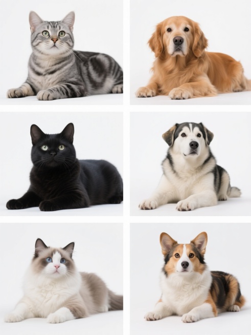 超写实风格动物肖像组合海报，纯白色背景突出主体，六组不同品种猫与狗并排呈规整网格状分布，间距均匀对称平衡。每组均为一只猫和一只狗，统一趴卧姿势，前爪自然伸展，头部微微抬起面向前方，动作丰富姿态一致。动物毛发细节极致清晰，呈现真实质感与自然光泽，眼神明亮有神，表情温顺可爱。品种组合包括：灰色虎斑猫搭配棕色柯基犬、橘猫搭配金毛犬、黑猫搭配萨摩耶犬、布偶猫搭配哈士奇、英短蓝猫搭配柴犬、三花猫搭配边境……预览效果