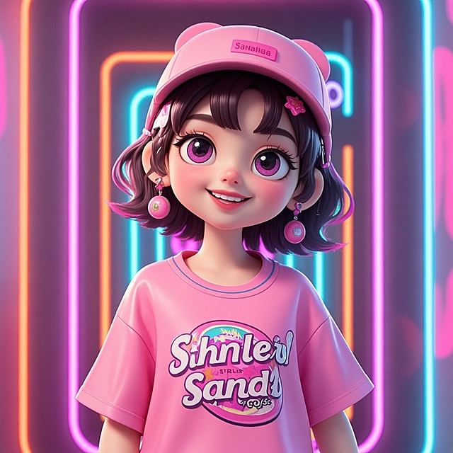 软3D风卡通少女，粉色霓虹背景，萌趣未来感设计，甜酷潮流穿搭，充满可爱与科技融合的视觉魅力。