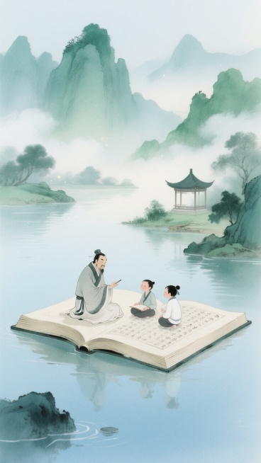水墨风，淡蓝渐变底色，一个巨大的展开放在河上的古籍，一个古代教师和两个孩子坐在上面，讲学。背景青绿山水，点缀古亭，云雾预览效果