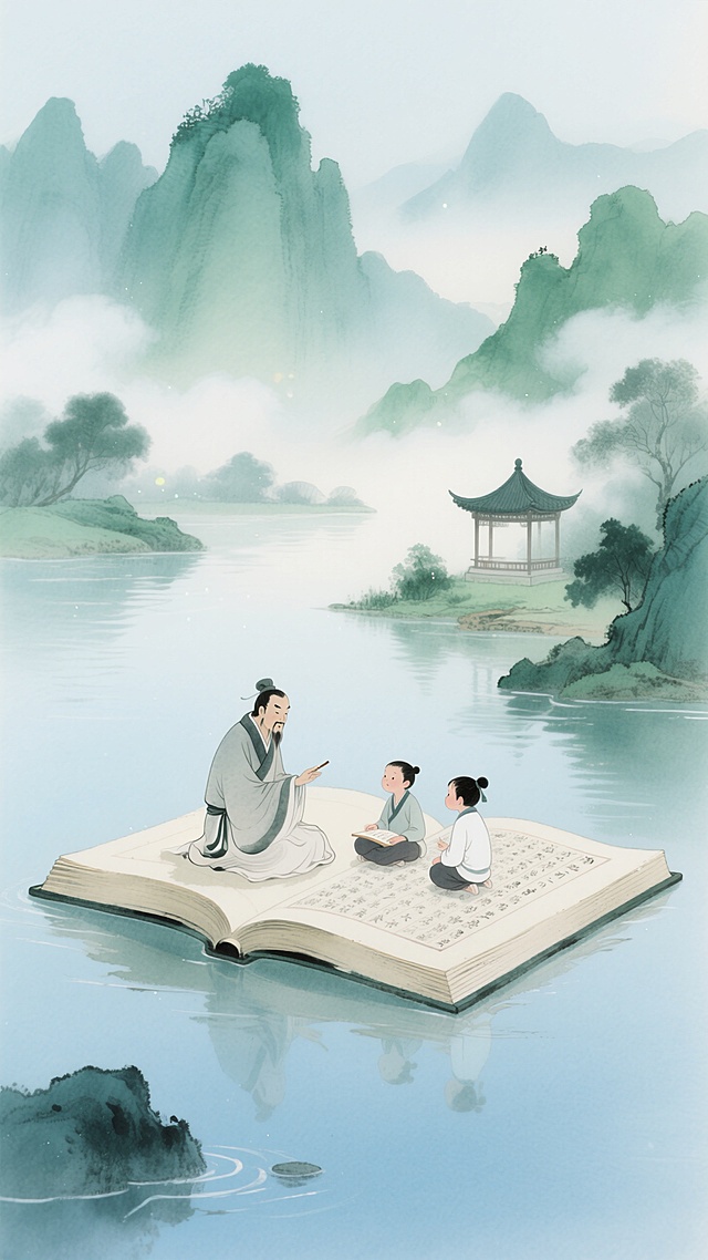 水墨风，淡蓝渐变底色，一个巨大的展开放在河上的古籍，一个古代教师和两个孩子坐在上面，讲学。背景青绿山水，点缀古亭，云雾