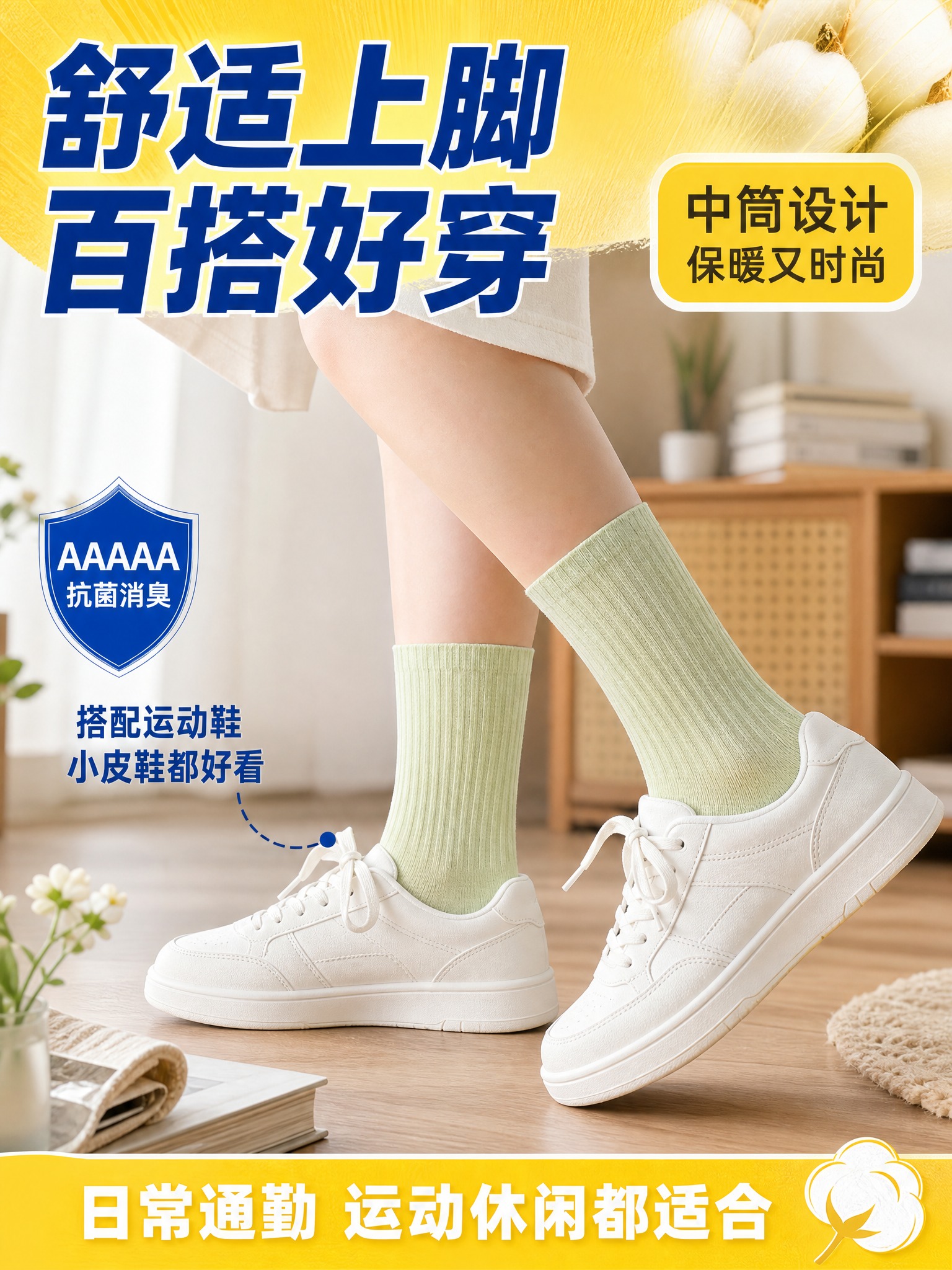 [商品] 使用【图1】花木图女士5A级抗菌消臭纯棉袜；保留浅黄… - 图片创意预览