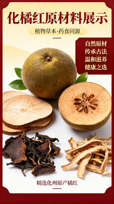 淘宝天猫电商详情页第二屏，突出展示化橘红原材料，讲解产品特点，突出植物草本、药食同源的卖点，中式养生风格，深红色和米黄色搭配，整体排版简洁清晰预览效果