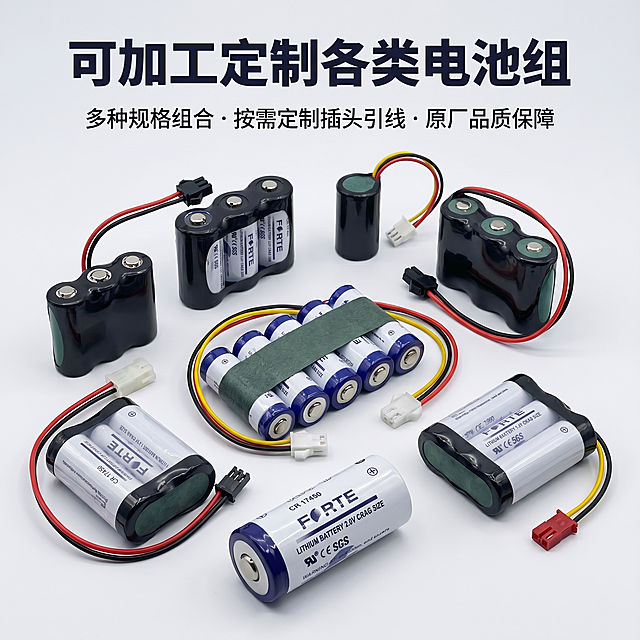 [主图 4] Forte孚特CR17450锂电池定制服务展示
[氛围风格] 专业3C数码工业风，和套图保持风格光影统一
[画质] 商业摄影质感，光线通透清晰，画面干净高级
[元素] 主区域展示成品定制电池组案例，前景放单节孚特CR17450锂电池，保持产品外观与原图一致，杜绝变形色差。不同组合方式的电池组围绕摆放，展示定制能力。干净浅灰背景，主体占比约70%，满屏无边框
[光影] 和前几张保持一致的光影风格，硬光高对比，突出工业质感
[配色] 浅灰背景，搭配产品白蓝，深色文字清晰可读
[视角构图] 俯视平铺构图，多产品组合展示，层次清晰
[文字版式] 顶部居中大标题「可加工定制各类电池组」深色粗体，下方分点标注「多种规格组合 · 按需定制插头引线 · 原厂品质保障」，文字分三行排列，不遮挡产品主体，大小对比清晰
[比例分辨率] 1:1比例，2k分辨率，文字清晰可辨，超高清
[负向提示词] 变形，水印，文字错乱，产品图模糊，背景杂乱