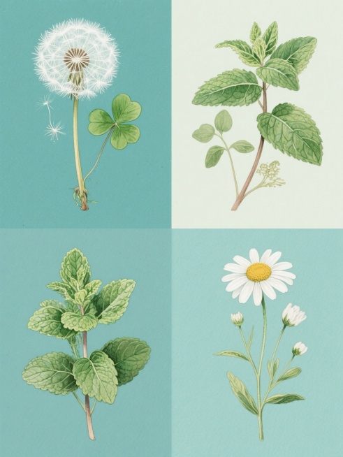 系列植物插画集合，保持写实水彩风格，画面整体色彩变换为不同纯色背景，元素类目为草本植物，包含四个完全不同的元素内容：蒲公英、三叶草、薄荷、雏菊，每个元素均以规整的排列方式呈现，细节丰富，光影柔和，色彩和谐，整体布局对称平衡，具有统一的视觉美感和设计感。预览效果